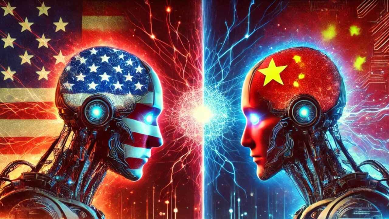 Two flags, US and China, face each other across a digital map with glowing circuit patterns, symbolizing AI competition
