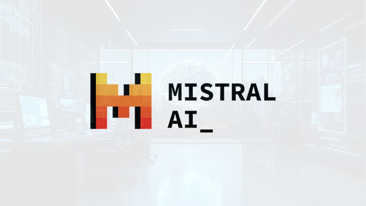A modern office space with Mistral AI branding, two people working at computers, likely preparing for an AI model launch
