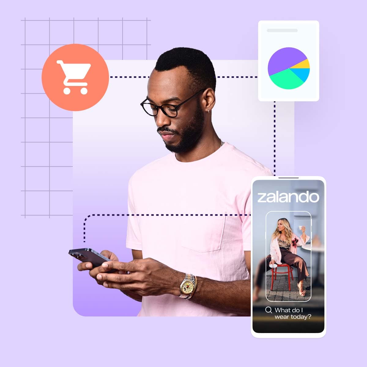 A person browsing fashion items on a laptop while a smartphone displays a dress, representing Zalando's AI-powered…