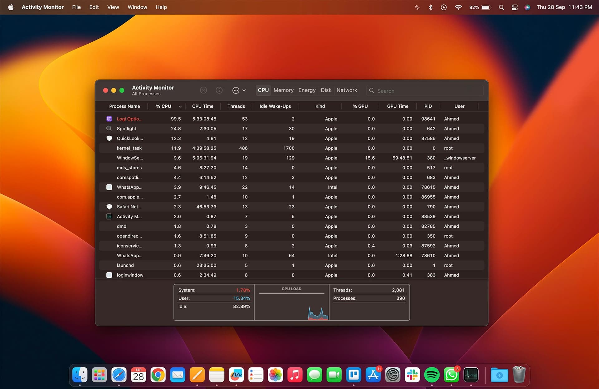 A macOS Activity Monitor window showing CPU, memory, and disk usage graphs, with multiple running processes listed below