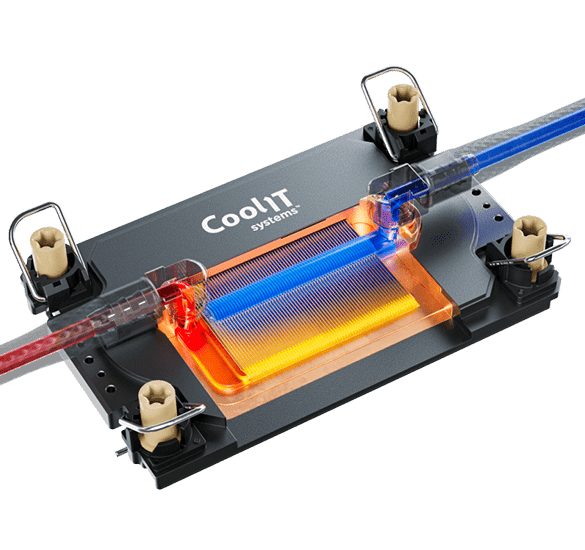 A CoolIT coldplate with copper channels and coolant tubes mounted on a server processor, designed to dissipate 15kW…