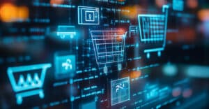 A shopping cart icon on a digital device screen overlays a blurred background of various e-commerce websites…