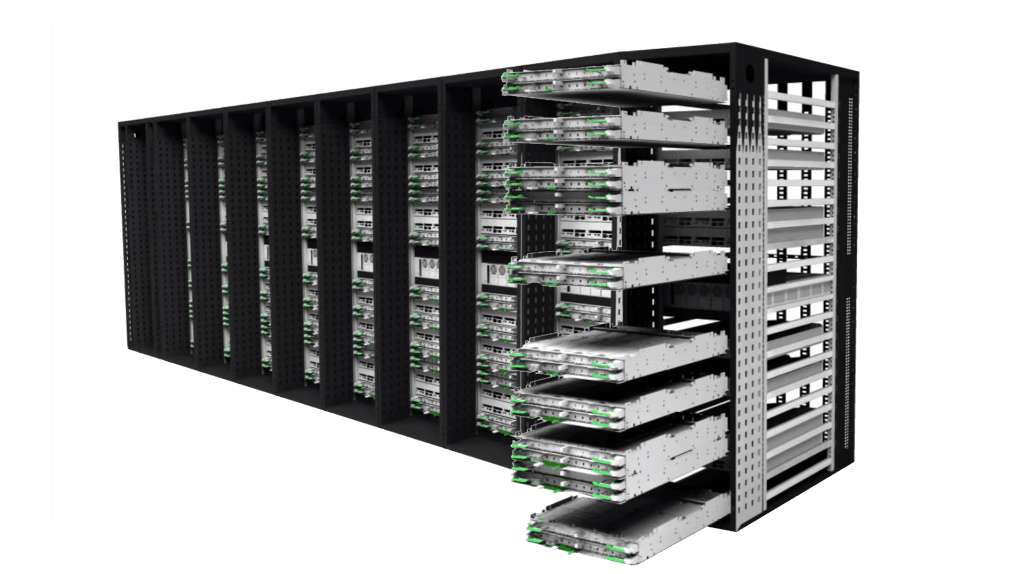 Rack of servers in a data center with blue LED lights, OCP logo on a server chassis, cables connected to networking…