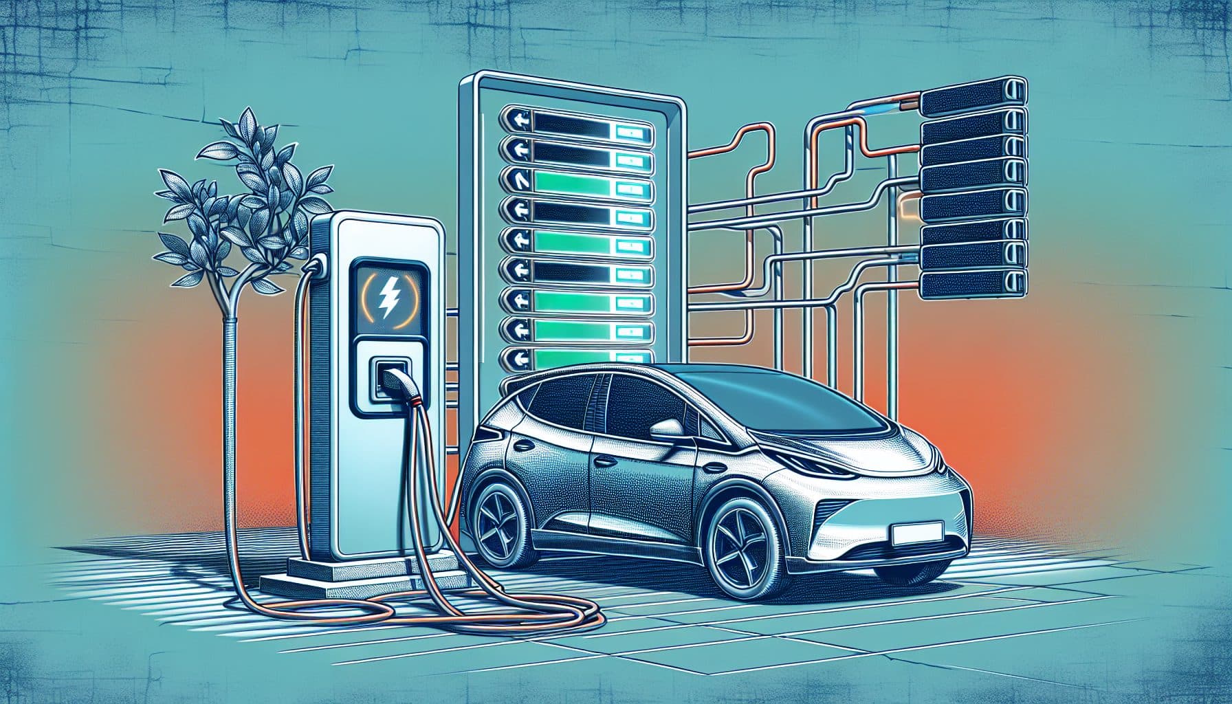 A row of electric vehicles plugged into modern charging stations with glowing green indicators, set against a city…