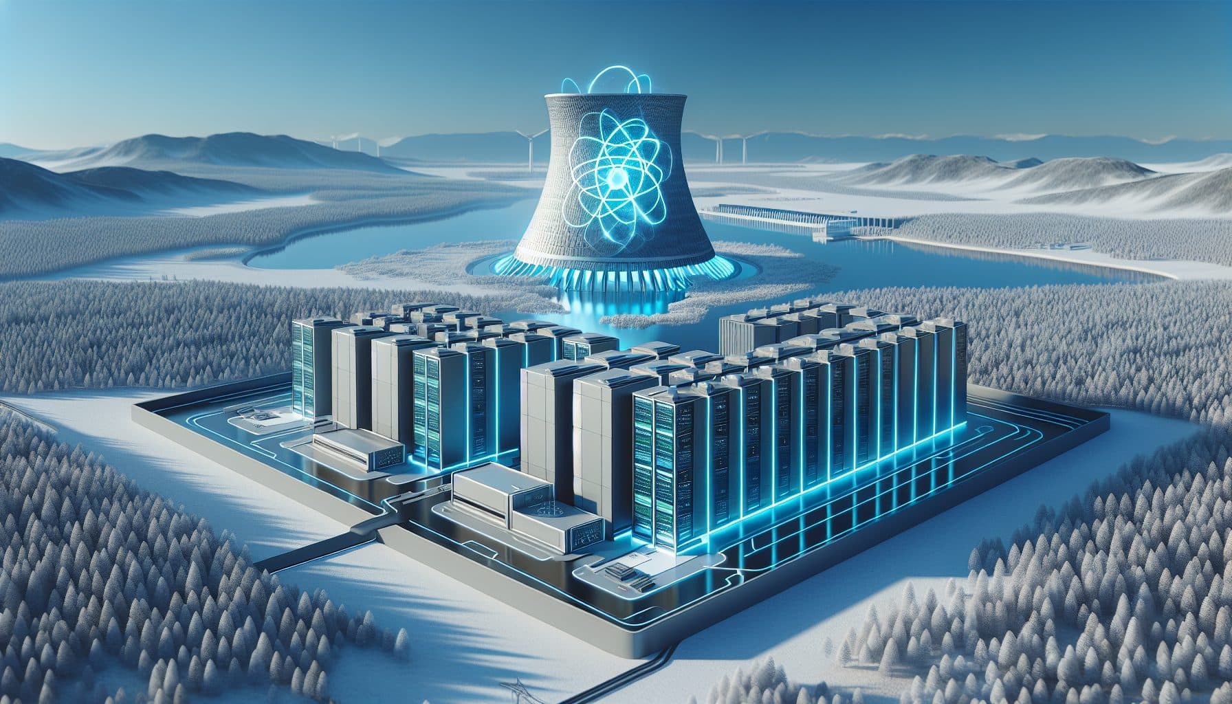 A nuclear power plant with cooling towers stands near a modern data center, symbolizing increased energy demand from…