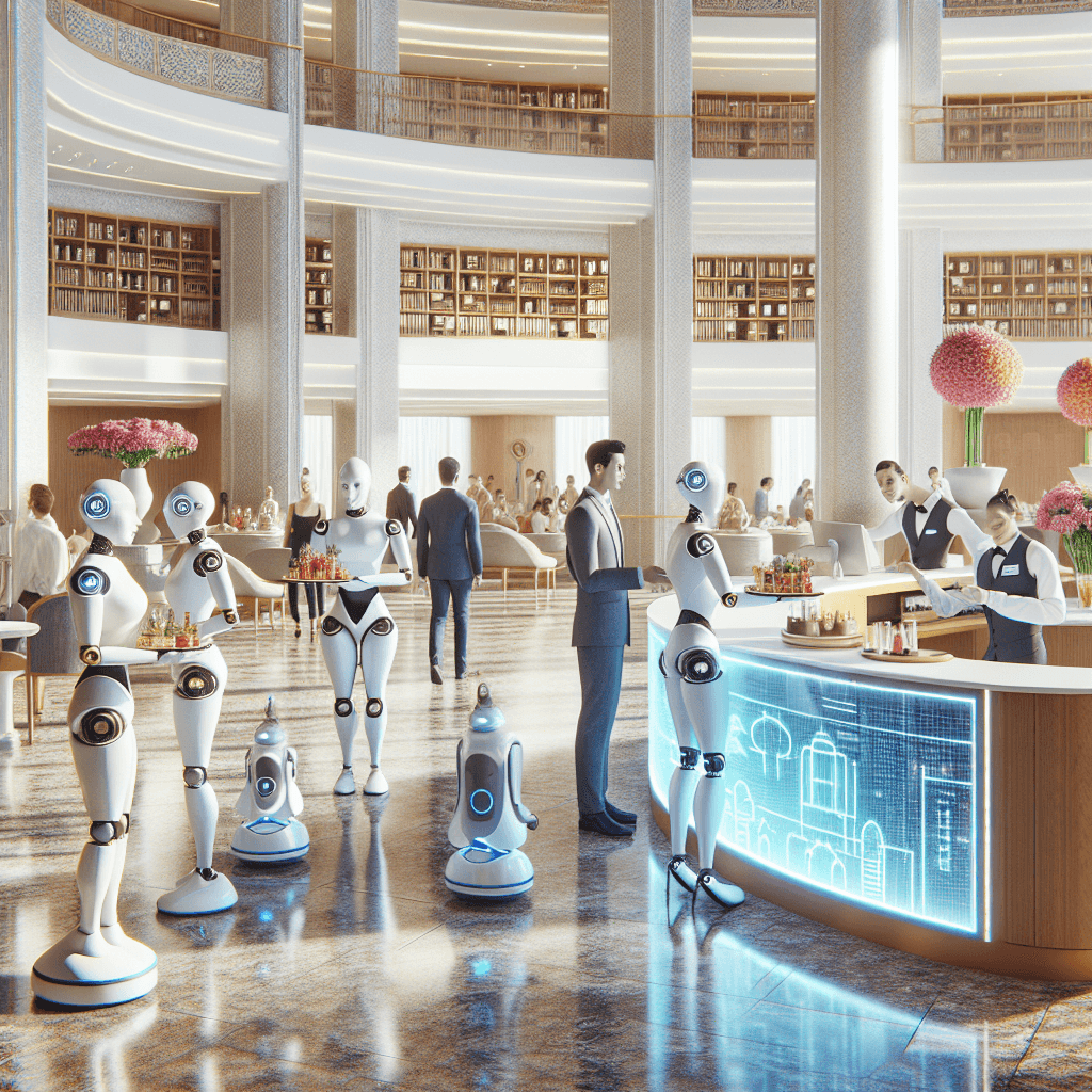A sleek robotic arm in a luxury hotel lobby organizes luggage near a concierge desk, with guests and staff in the…