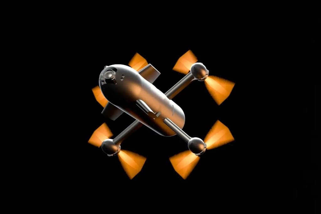 A sleek quadcopter drone with mounted interceptor payload hovering above a data center campus, while a small missile…