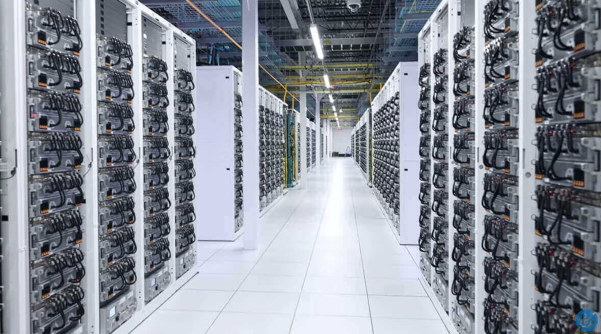 A sprawling data center interior with rows of GPU servers and cooling systems, technicians monitoring large-scale AI…