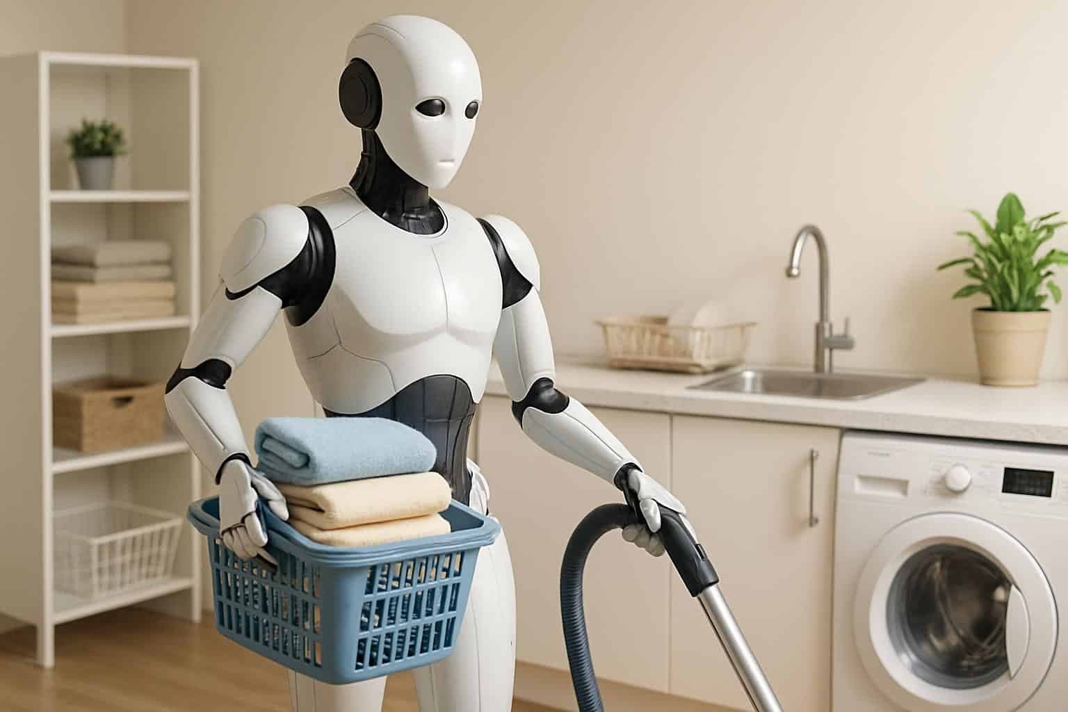 White humanoid robot folding laundry in a modern Suzhou home living room