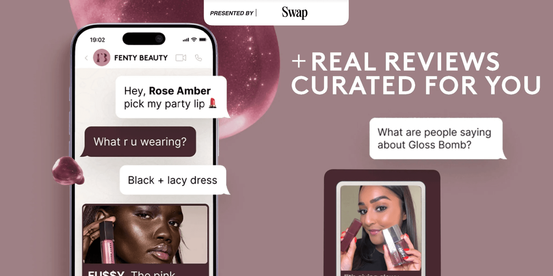 A smartphone displays a WhatsApp chat with Fenty Beauty's Rose Amber AI assistant, showing product recommendations…