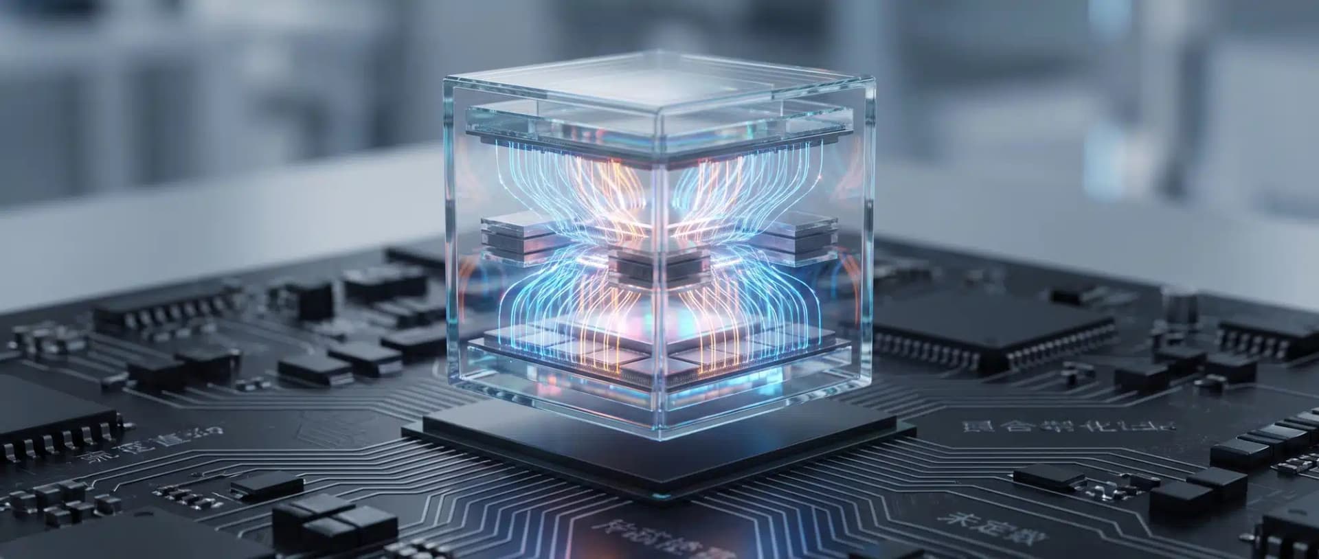 A futuristic 3D AI processor chip with stacked vertical silicon layers and glowing circuits, displayed as a hero…