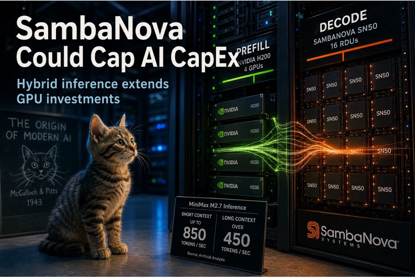A data center rack with SambaNova SN50 RDUs and Nvidia H200 GPUs, illuminated by blue status lights, showcasing…
