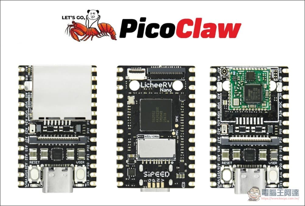 Sipeed PicoClaw circuit board connected to a small Raspberry Pi-like device on a wooden desk, with wires linking to…