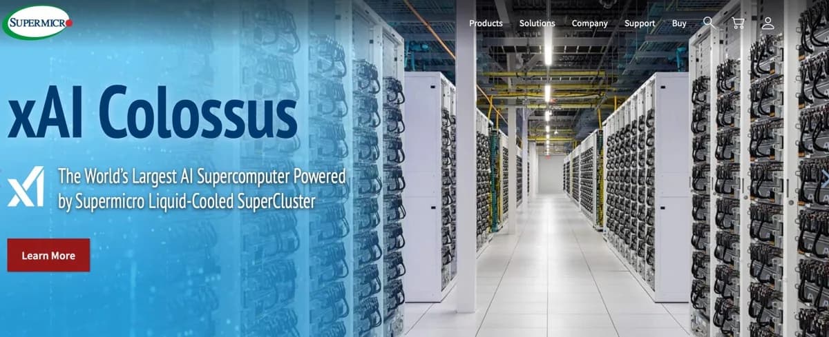 Black server racks in a large data center with cooling tubes overhead, workers in hard hats inspecting equipment