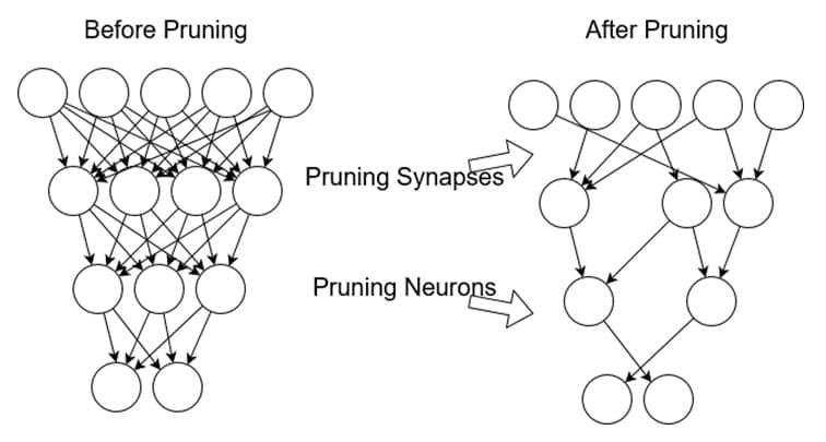 A researcher analyzes a diagram of a neural network with highlighted connections being removed, representing LLM…