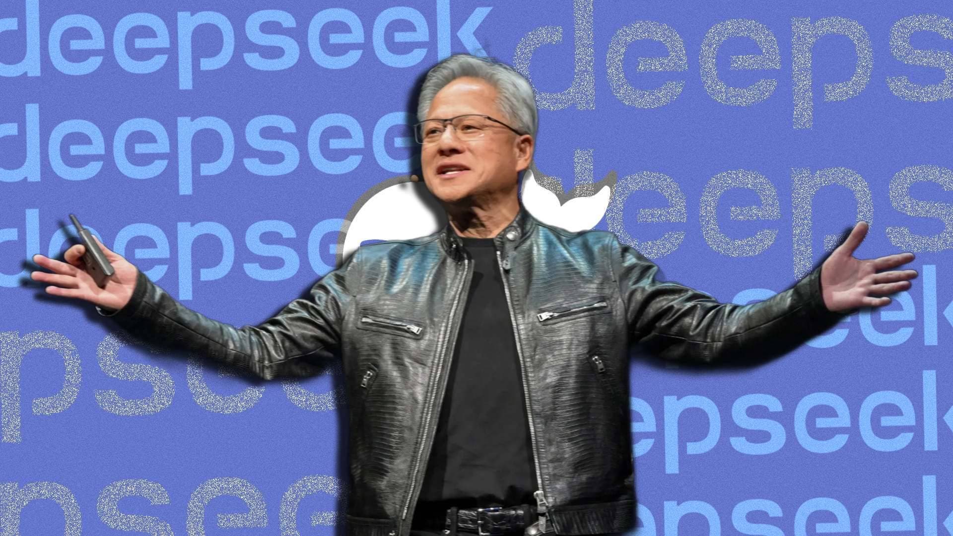 Jensen Huang in a suit speaks at a podium with Nvidia logo behind him, referencing DeepSeek and Kimi open models…
