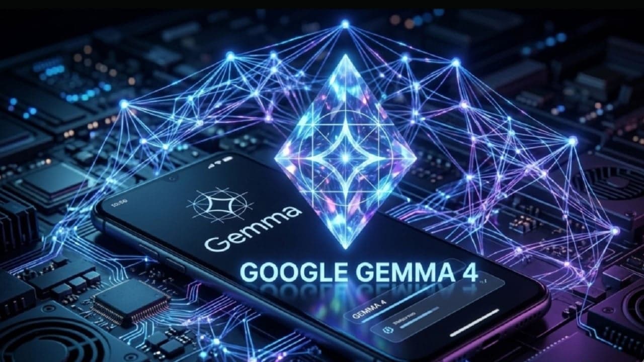 A smartphone screen displays a chatbot interface with a Google Gemma logo, illustrating an on-device AI model…