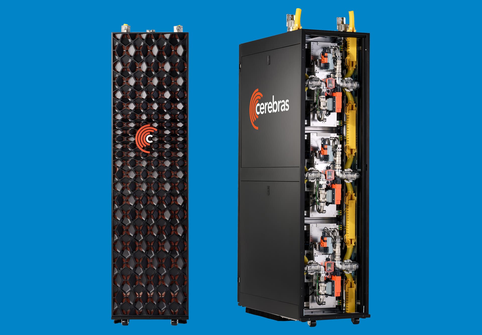 A large data center rack system with glowing blue accents and multiple processing units, surrounded by server…