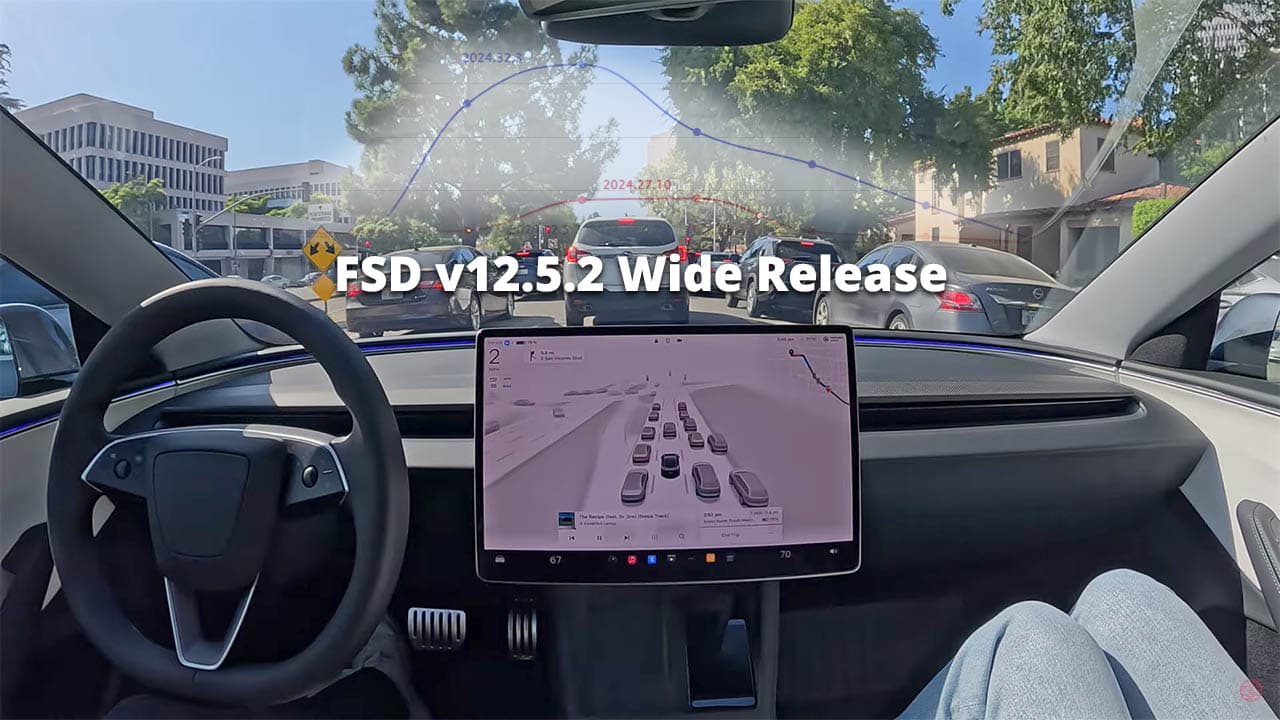 A Tesla sedan driving on a sunlit highway with a digital dashboard display showing the FSD Supervised interface