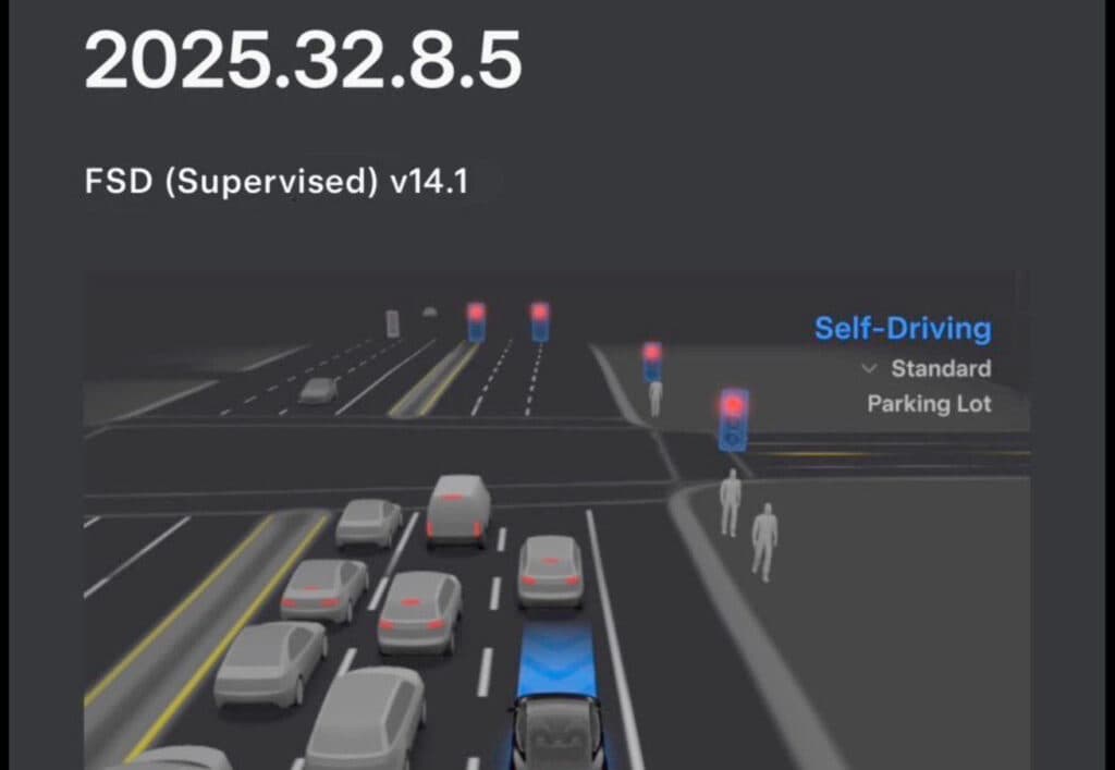 Tesla car touchscreen displays FSD V14.3 release notes, showing software update interface with version number and…