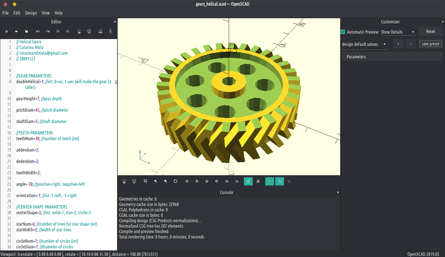 A developer's browser tab displays a 3D gear model generated from text input, with OpenCAD interface showing code…