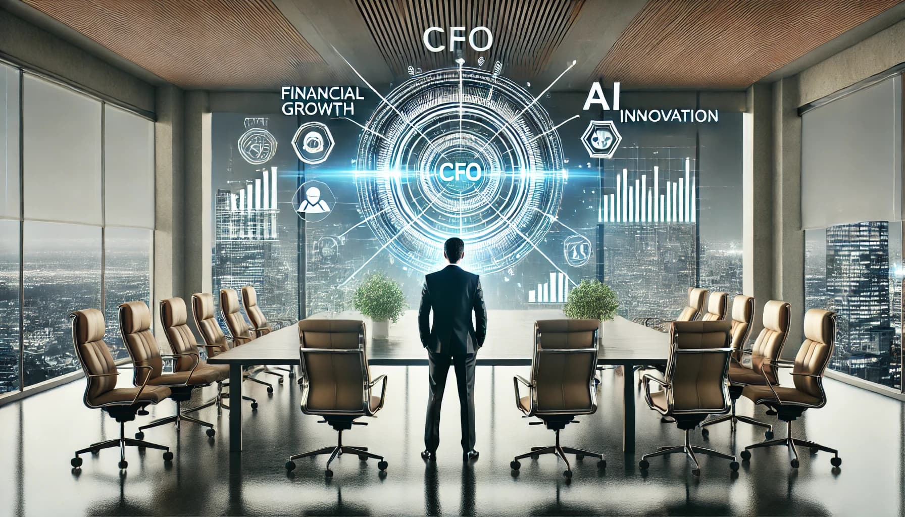 CFO at desk reviewing AI analytics dashboard with charts and data, office background with blurred colleagues working