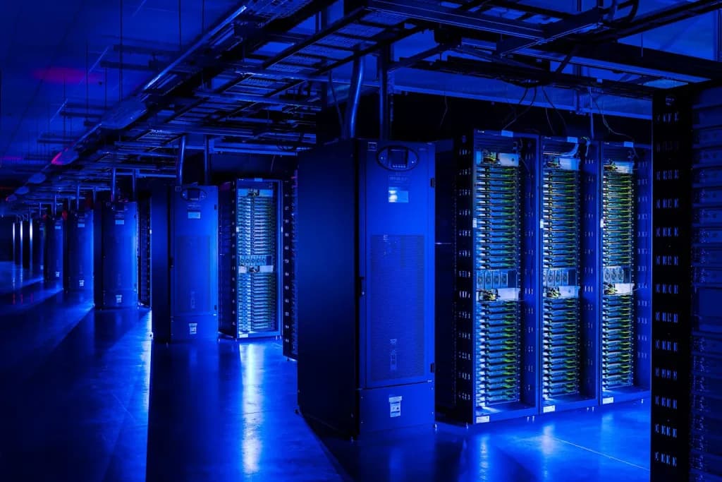 Qualcomm executive presenting AI inference accelerator chips at a data center with server racks in background