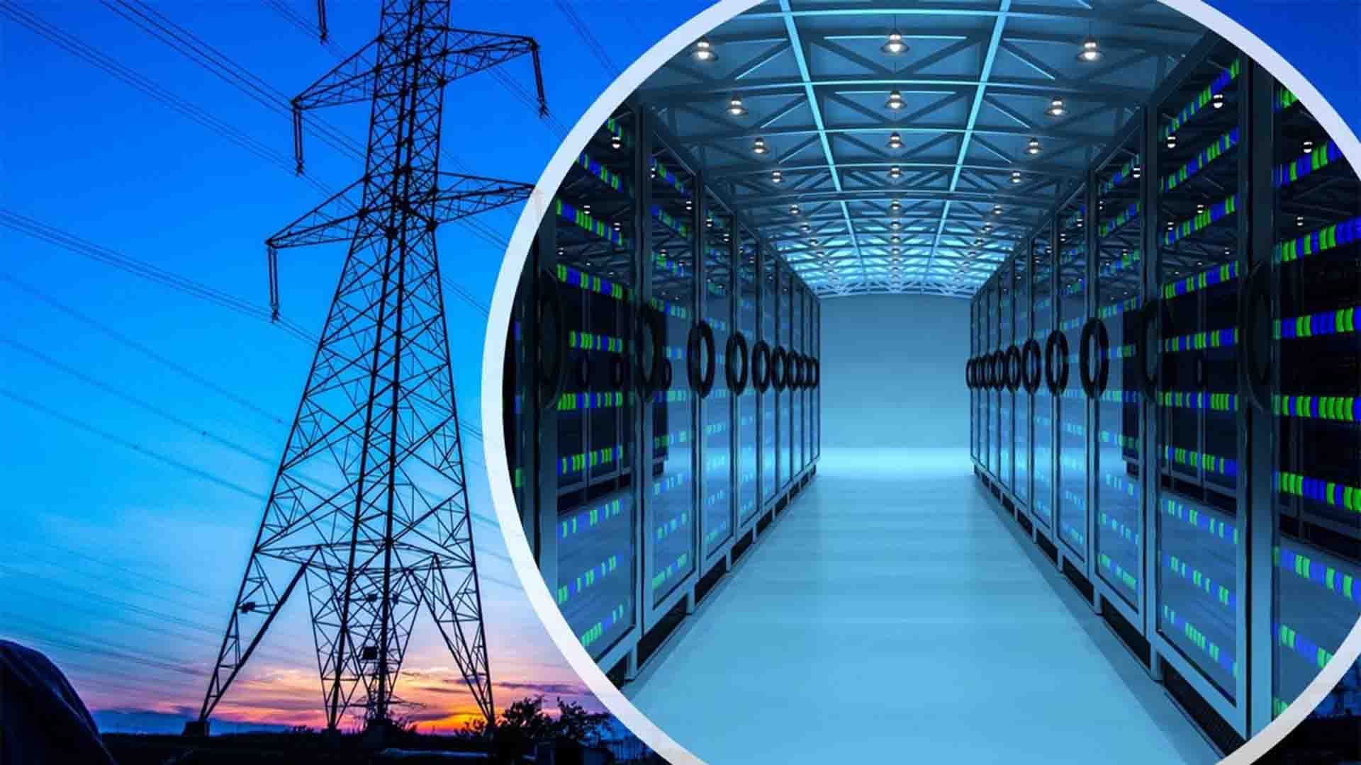 Aerial view of a large modern data center with rows of server racks and cooling towers, surrounded by power…
