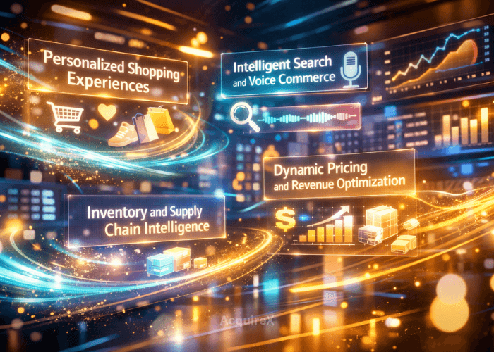 Two ecommerce professionals monitor a glowing digital dashboard displaying AI-driven analytics, surrounded by…