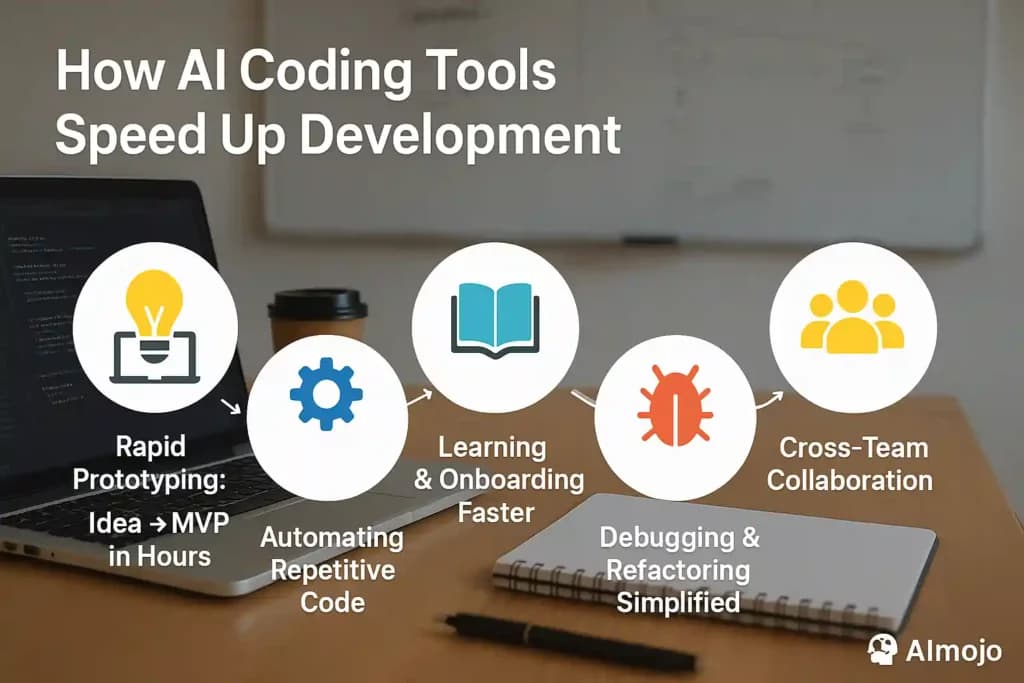 Software developers coding on laptops next to a futuristic AI interface, with code lines streaming rapidly across a…