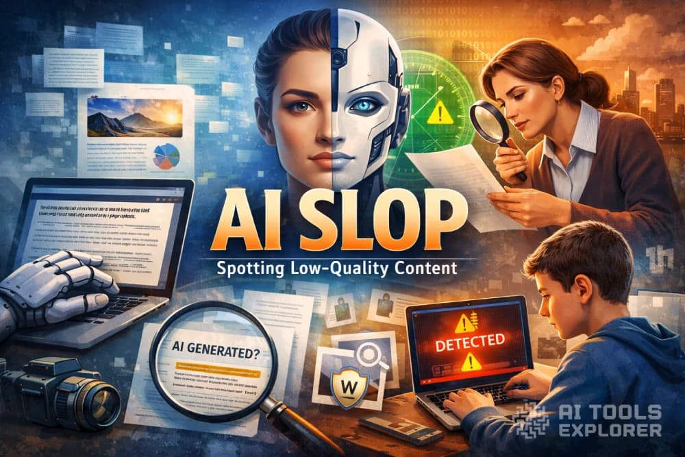 A person types on a laptop, with cascading lines of colorful code on the screen and a glowing warning icon hovering…