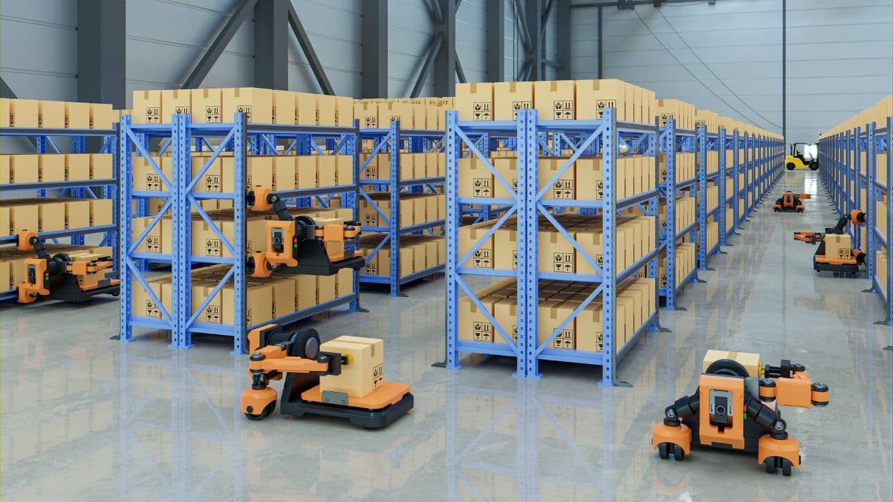 Rows of humanoid robots working in a warehouse, assembling products on a conveyor line, with a few human workers…