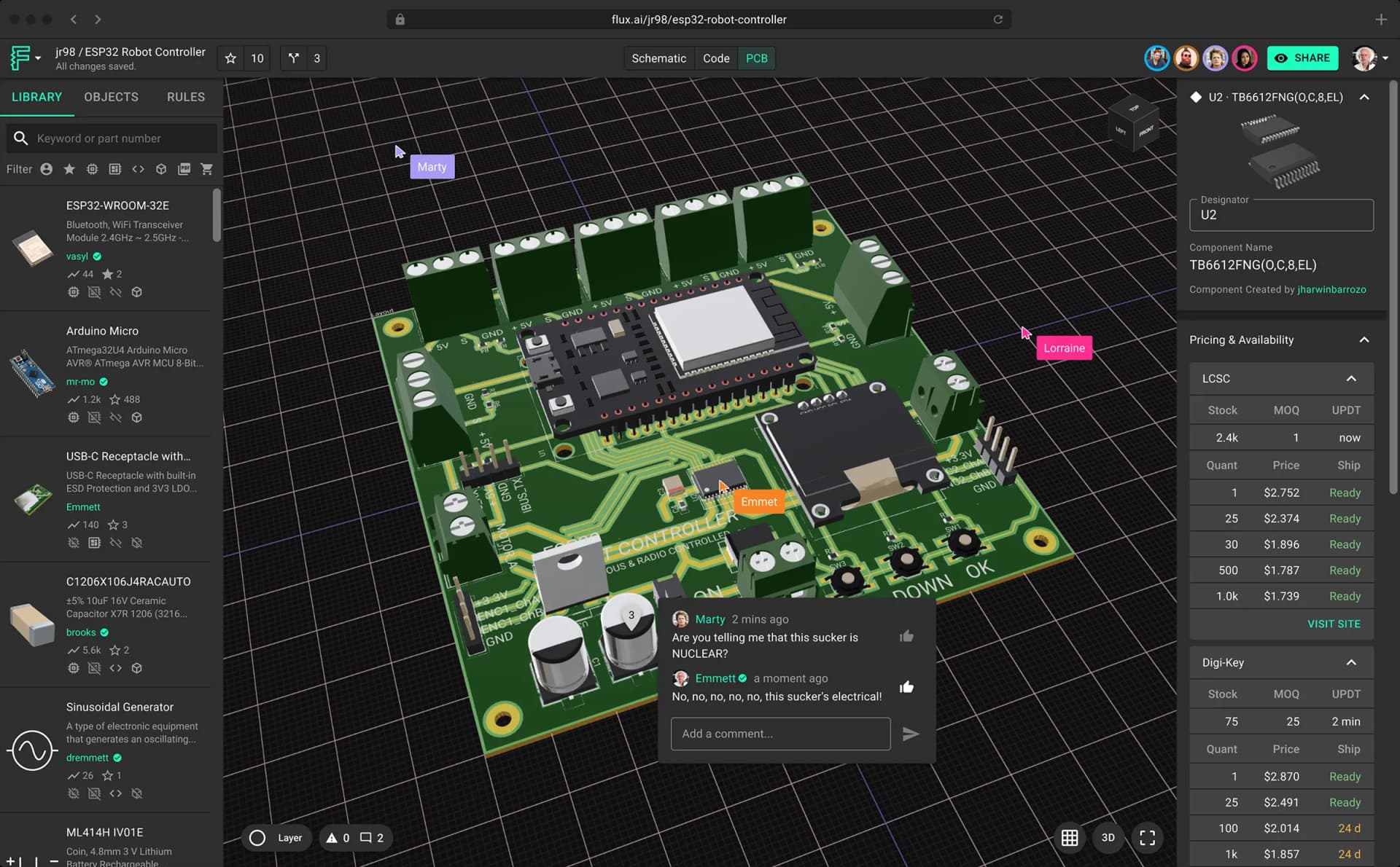 A person arranges electronic components on a virtual breadboard inside an AI circuit simulator interface, with a…