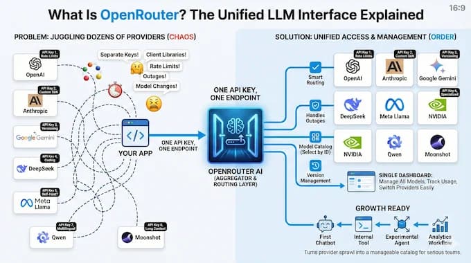 Infographic illustrating OpenRouter's Fusion API routing queries across multiple AI providers to achieve high…