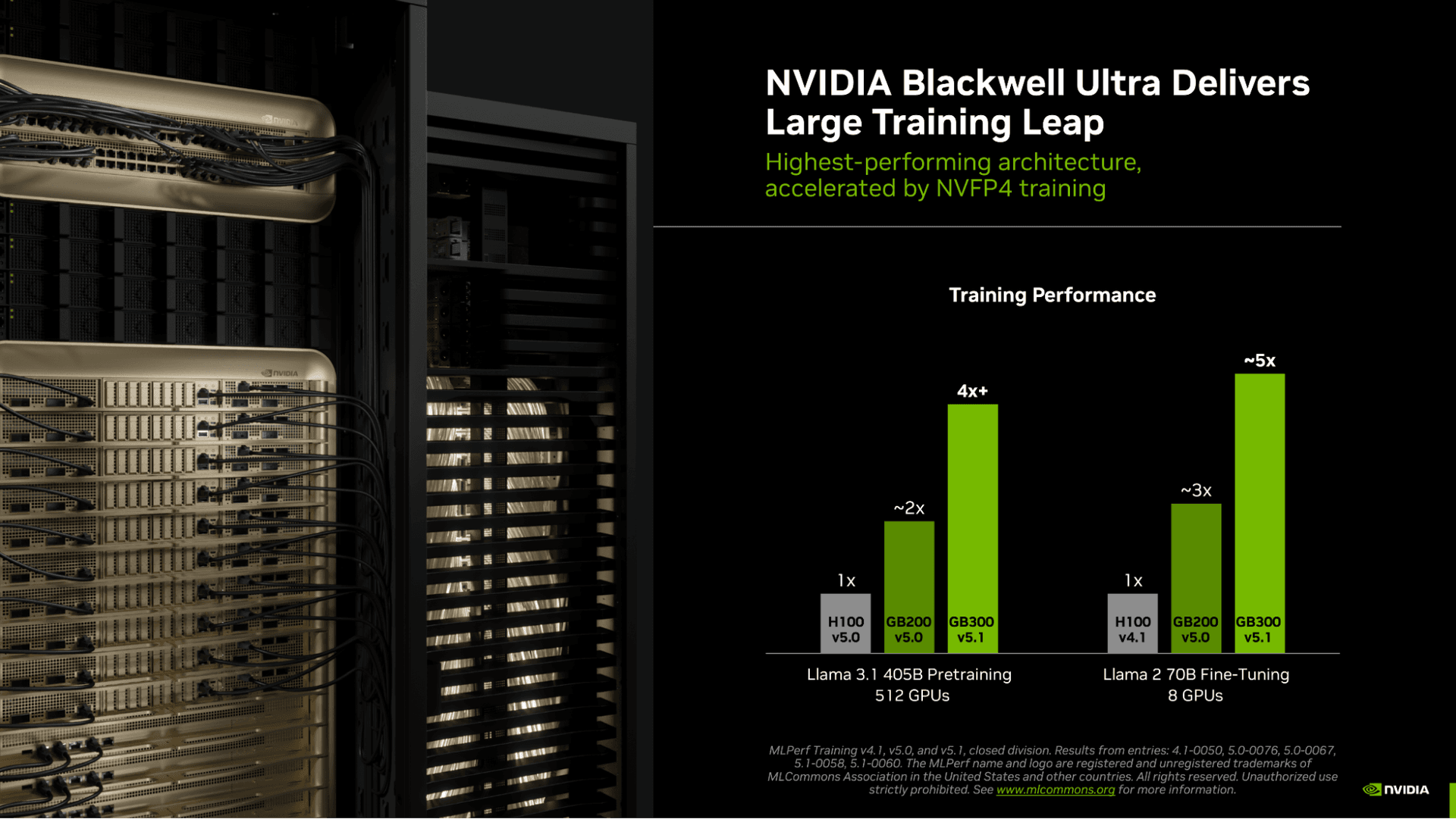 NVIDIA Blackwell Ultra GPU with sleek black design and illuminated green accents, shown in a data center rack with…