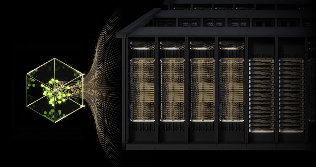 A data center filled with rows of NVIDIA Blackwell GPU servers, blue indicator lights glowing on the hardware…