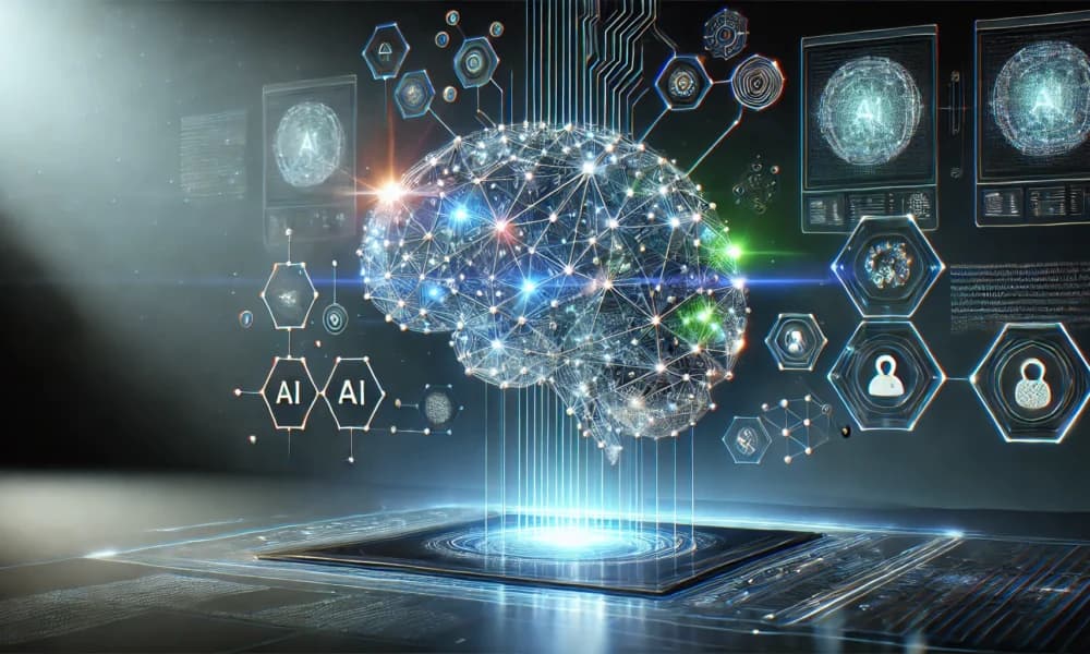 Futuristic digital brain with glowing neural connections linked to multiple smaller AI nodes, symbolizing parallel…