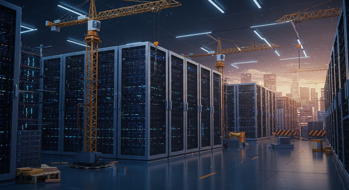 Electricians work inside a massive data center under construction, pulling cables and installing electrical panels…