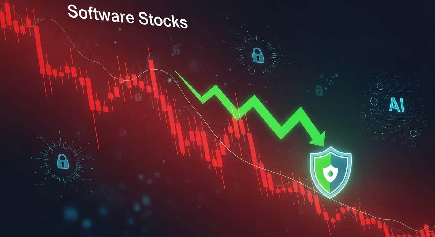 Brad Gerstner of Altimeter Capital speaks at a podium with a graph showing declining software stock lines and AI…