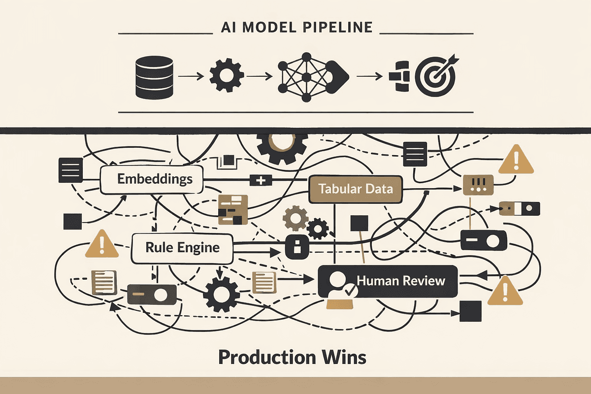 A flowchart diagram showing interconnected nodes labeled embeddings, boosted trees, and rules, representing a hybrid…