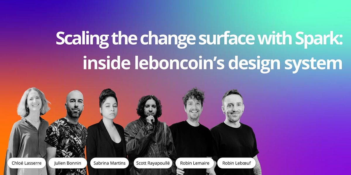 Designers and developers collaborating around a large screen displaying leboncoin's Spark design system with UI…
