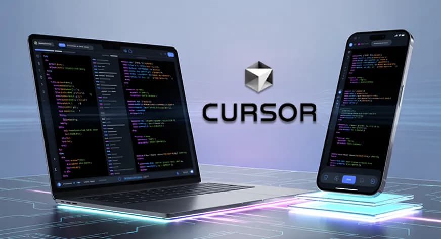 A developer holds an iPad displaying Cursor's AI code editor interface with agent workflow panels visible on the…