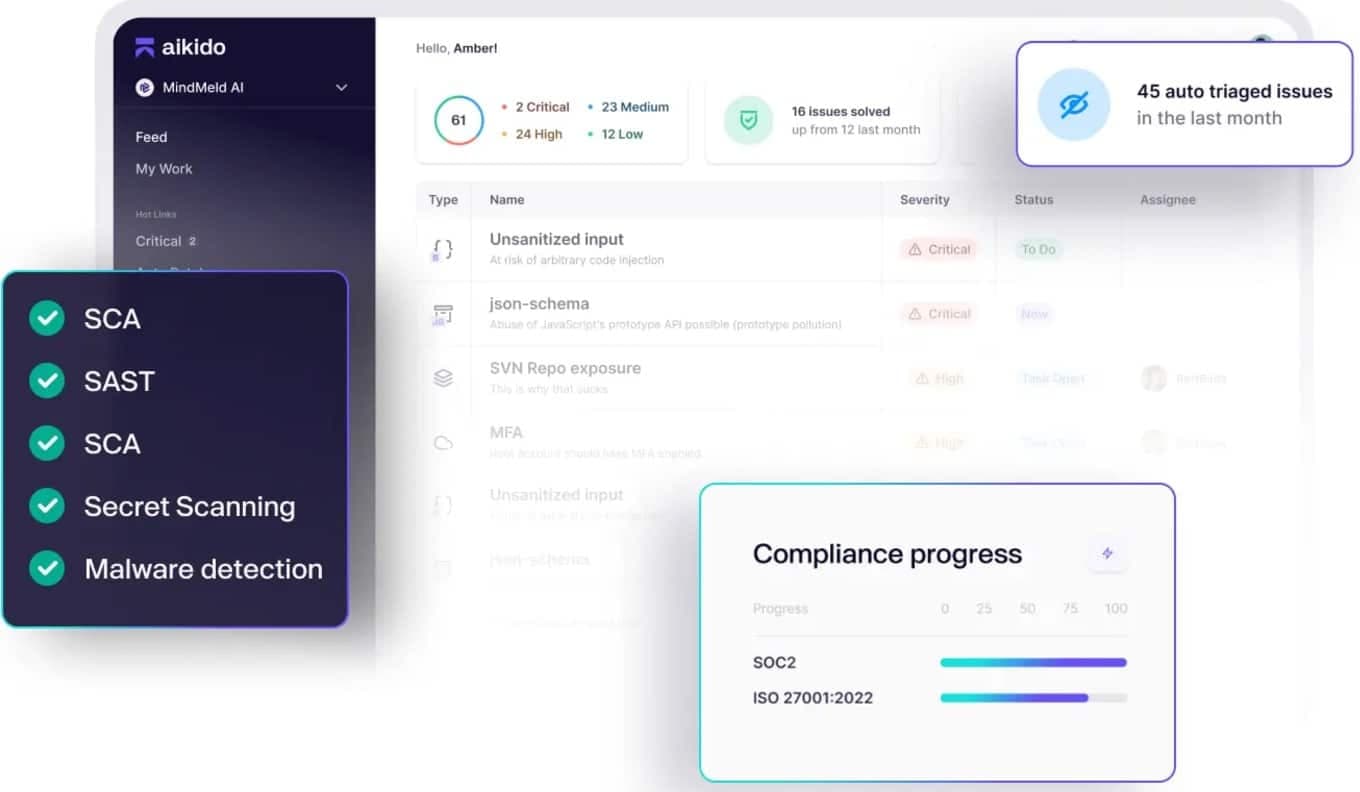 Developer pair programming with AI coding assistant on laptop, security warning badges float above code