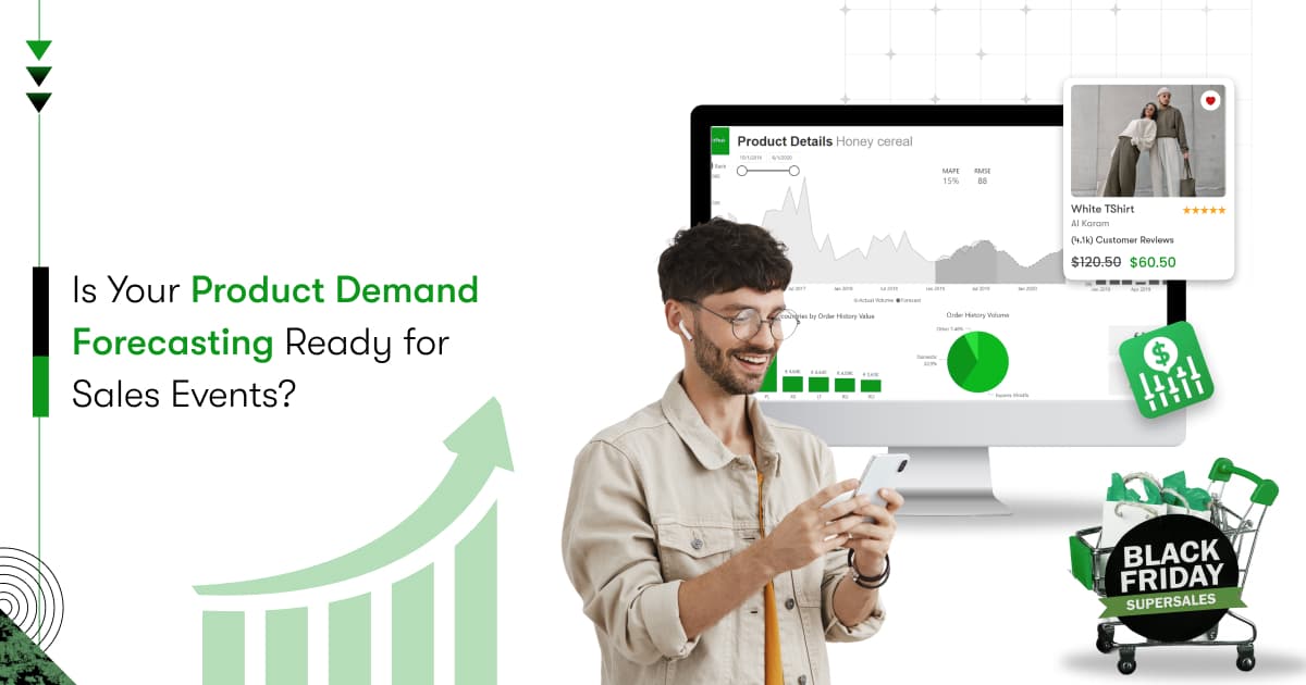 Dashboard showing demand forecasting graphs and predictive analytics metrics on a screen
