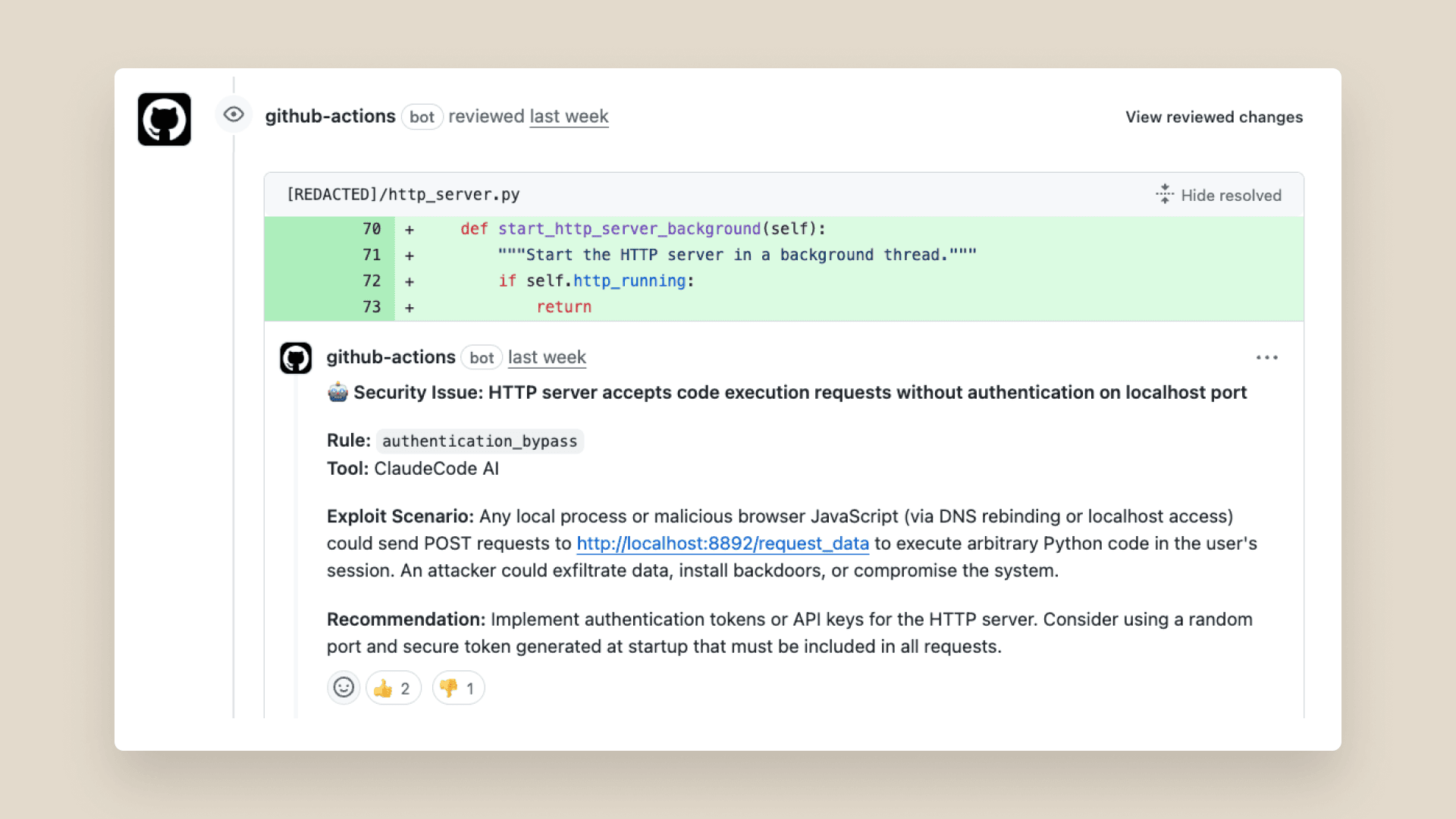 A developer's terminal window showing Claude Code's /review command analyzing code with syntax highlighting and diff…