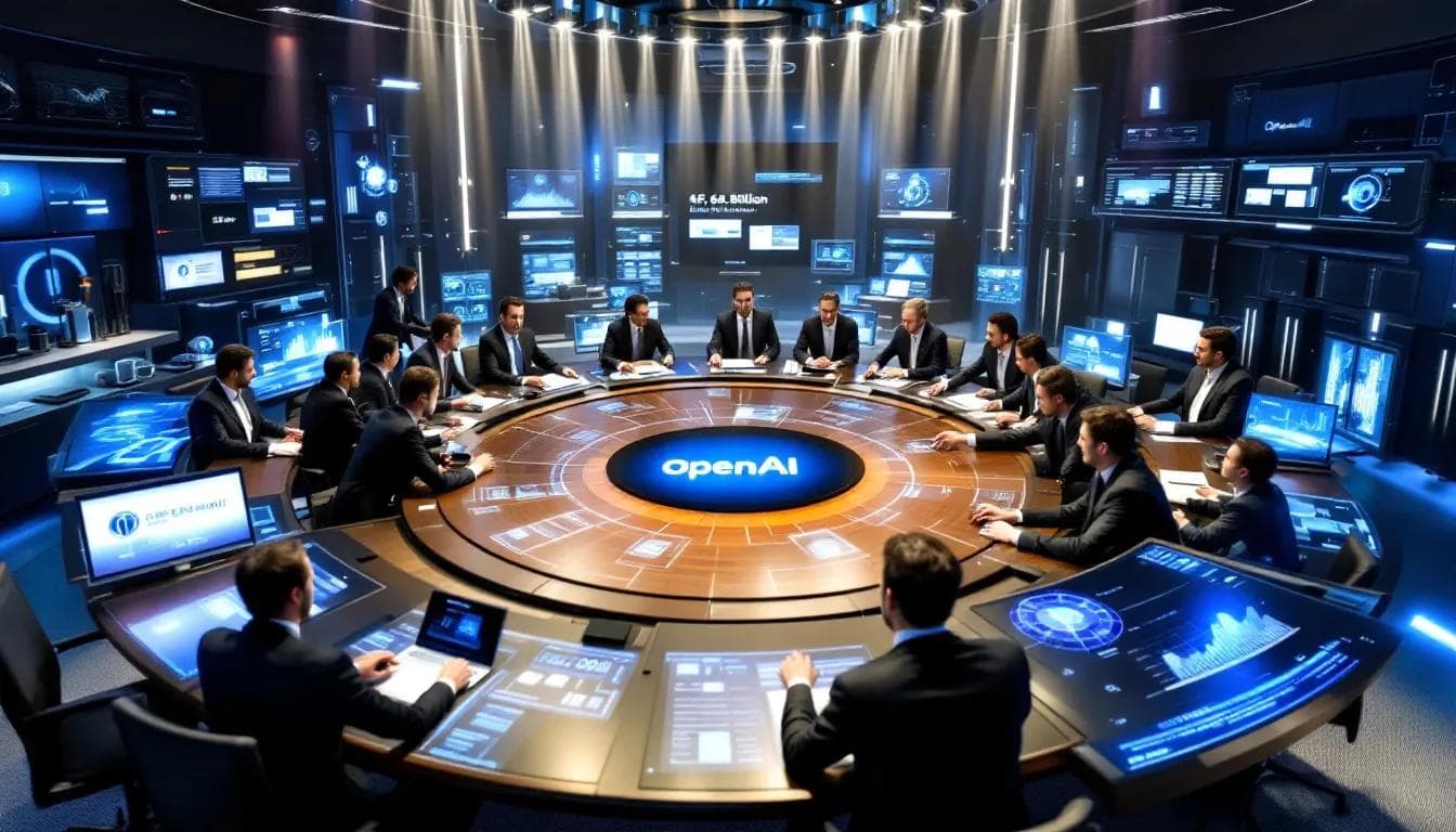 A diverse team of engineers in a modern office huddles around a large screen showing a network of interconnected…