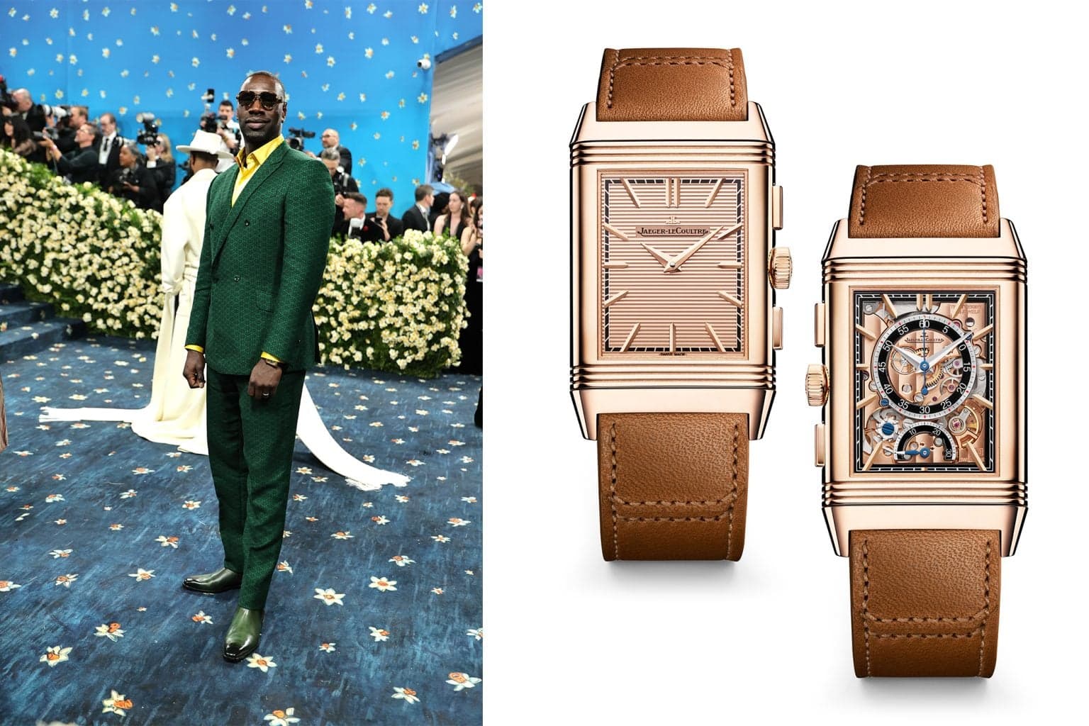 Omar Sy in formalwear holding a Jaeger-LeCoultre Reverso watch at a red-carpet event, likely the Met Gala