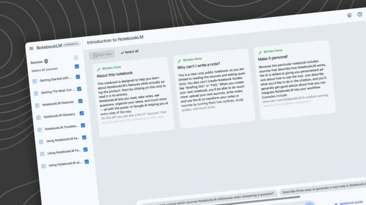 A laptop screen displays Google's Gemini Notebook interface with text and data panels, suggesting a workspace for…