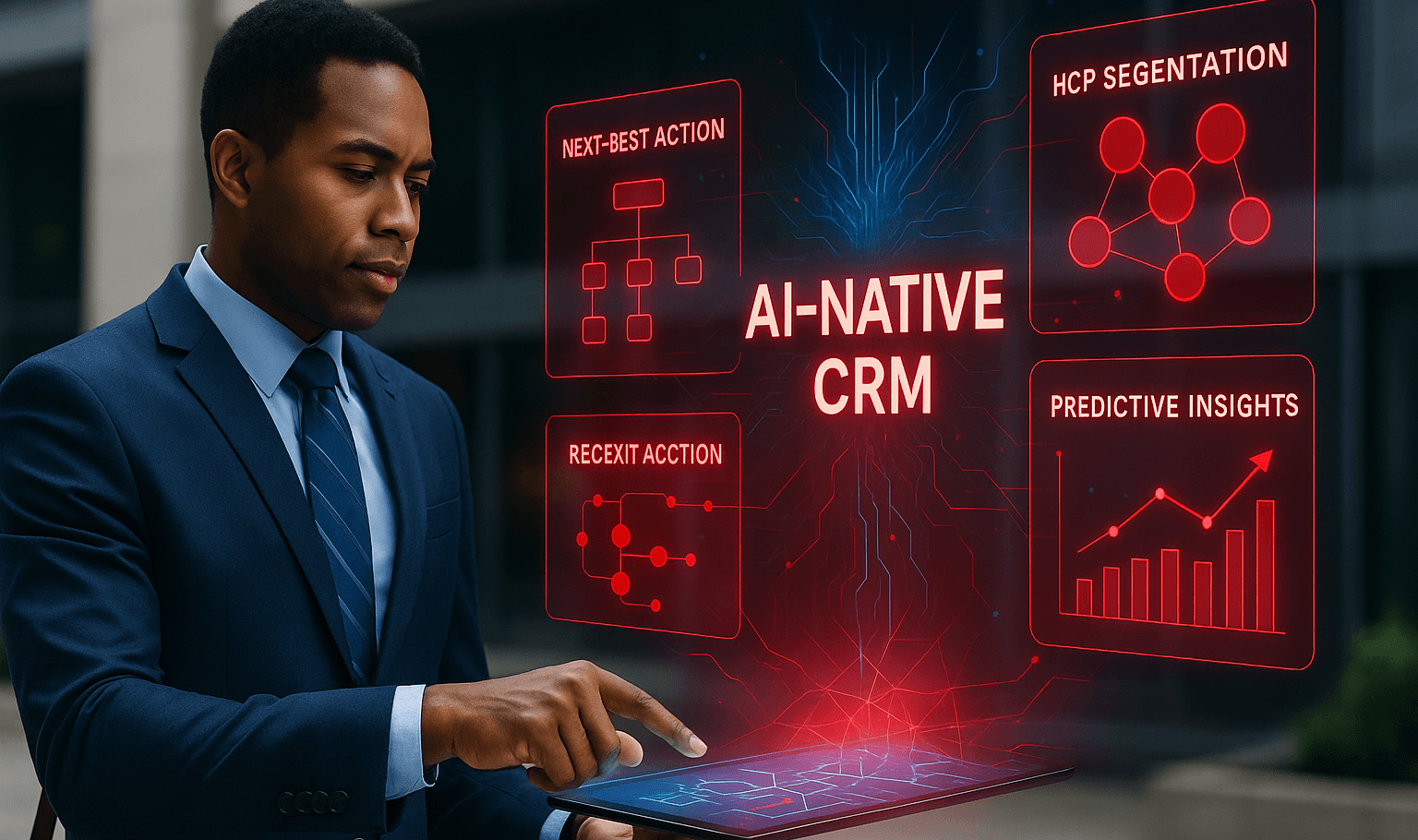 CRM dashboard interface with AI agent chat window and predictive analytics charts, replacing outdated phone menu systems