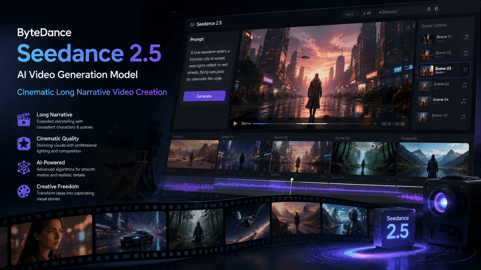 A sleek laptop displays a timeline of a 30-second video, with a progress bar and editing controls, in a modern…